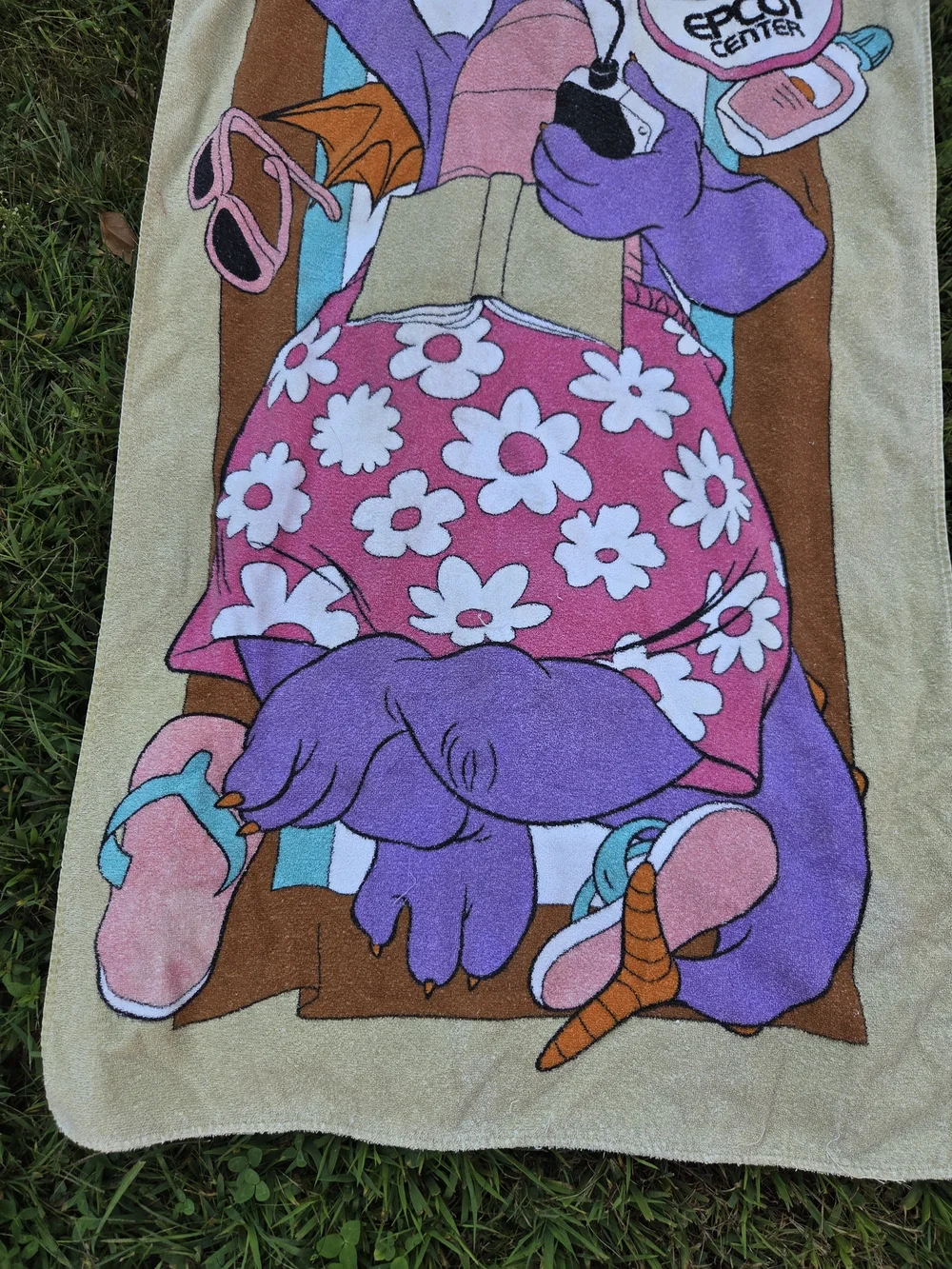Vintage Rare Disney Purple Figment Beach Towel with Pink Floral Skirt